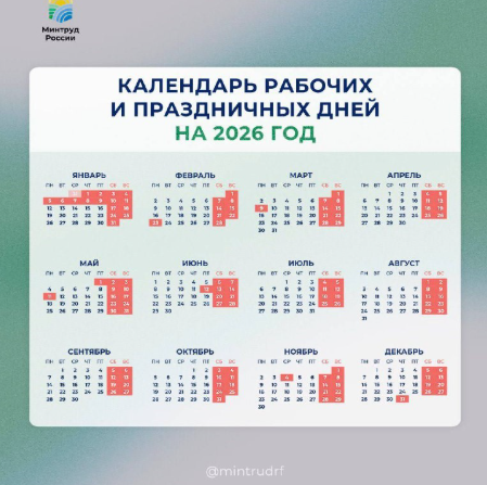 Минтруд утвердил проект календаря праздников в 2026 году: новогодние каникулы продлятся 12 дней