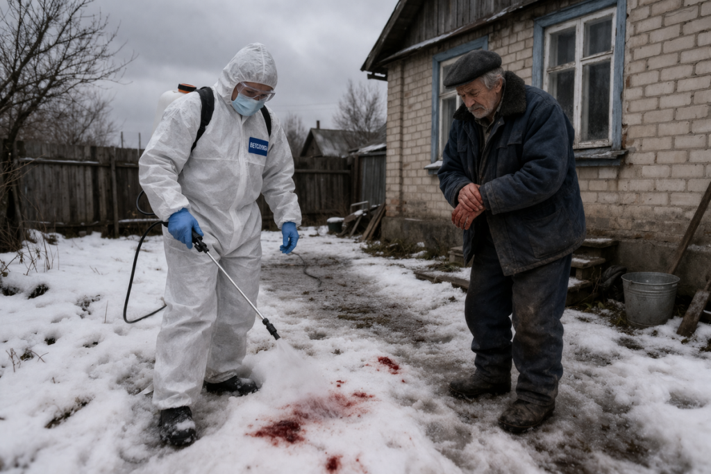 Бешенство в Алтайском крае Человек в защитной экипировке возле дома