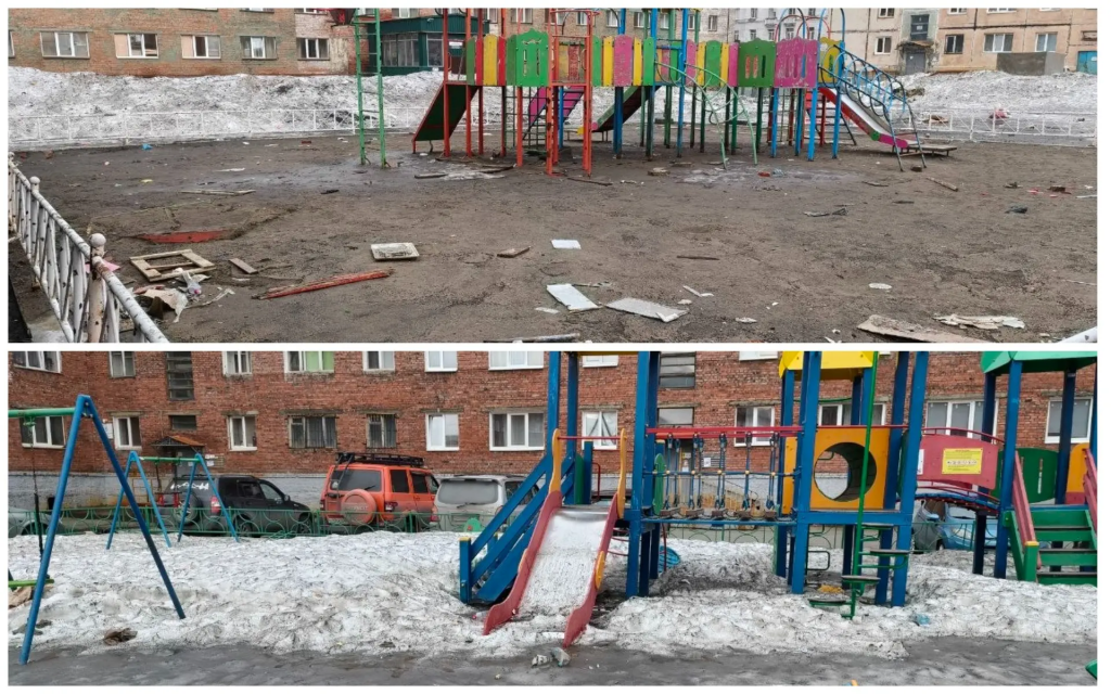 Субботник для галочки в Норильске Двор весной