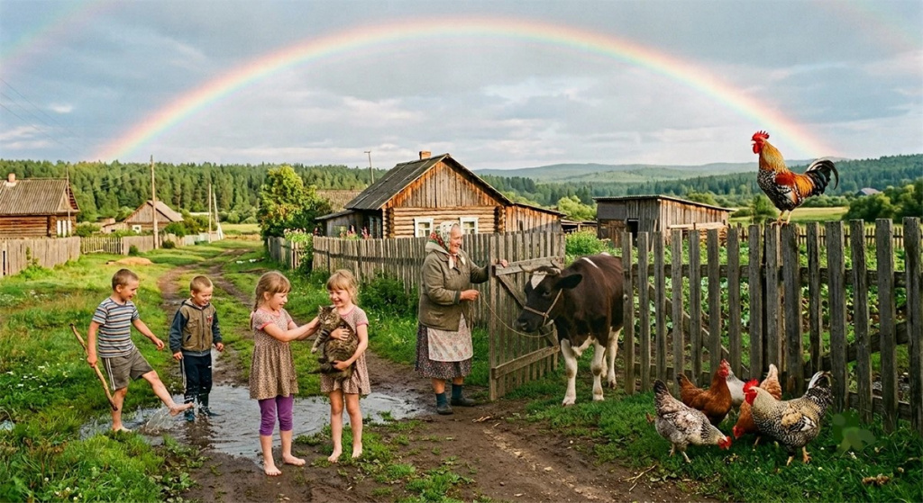 деревня, радуга